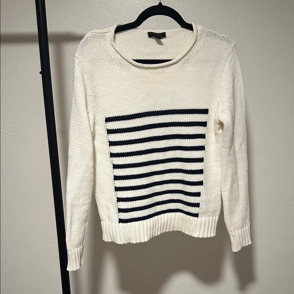 Striped White and Navy Sweater J Crew Fisherman Core